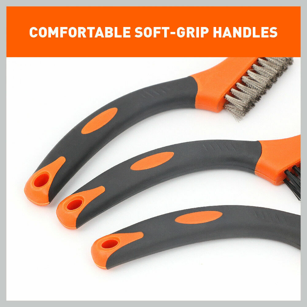 Durable 3-piece wire brush set with brass, stainless steel, and nylon brushes, each 170mm long, perfect for cleaning and polishing various surfaces.