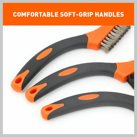 Durable 3-piece wire brush set with brass, stainless steel, and nylon brushes, each 170mm long, perfect for cleaning and polishing various surfaces.