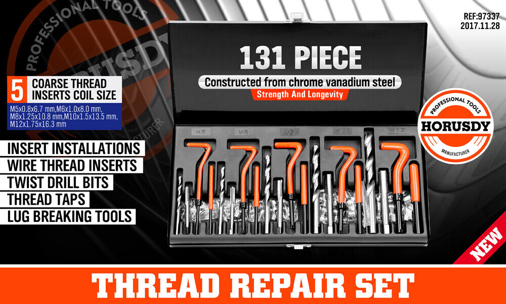 Complete 131-Piece Metric Thread Repair Kit with HSS Drills, Helicoil Inserts, and Tools in a Metal Case