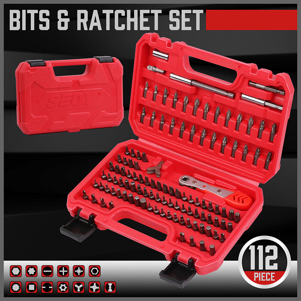 112PC Security Bit Set - Durable CRV steel, versatile set, ratcheting wrench, comprehensive bit types, convenient storage.