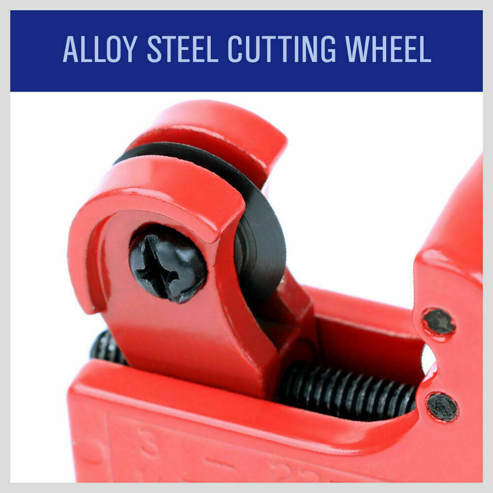 Mini Pipe Tube Cutter designed for cutting copper and PVC in confined spaces. Features quick adjustment and robust, stable construction. Ideal for plumbers, refrigeration, and auto HVAC tasks. Dimensions: 62x21.5x38mm, weight: 68g