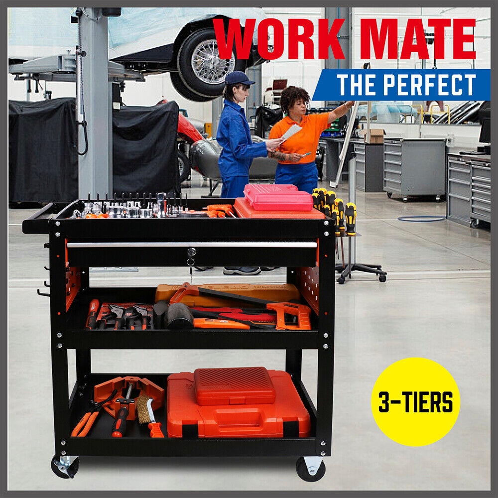 Single Drawer Tool Storage Trolley - Secure storage, easy mobility, versatile organization, convenient tool hanger system.