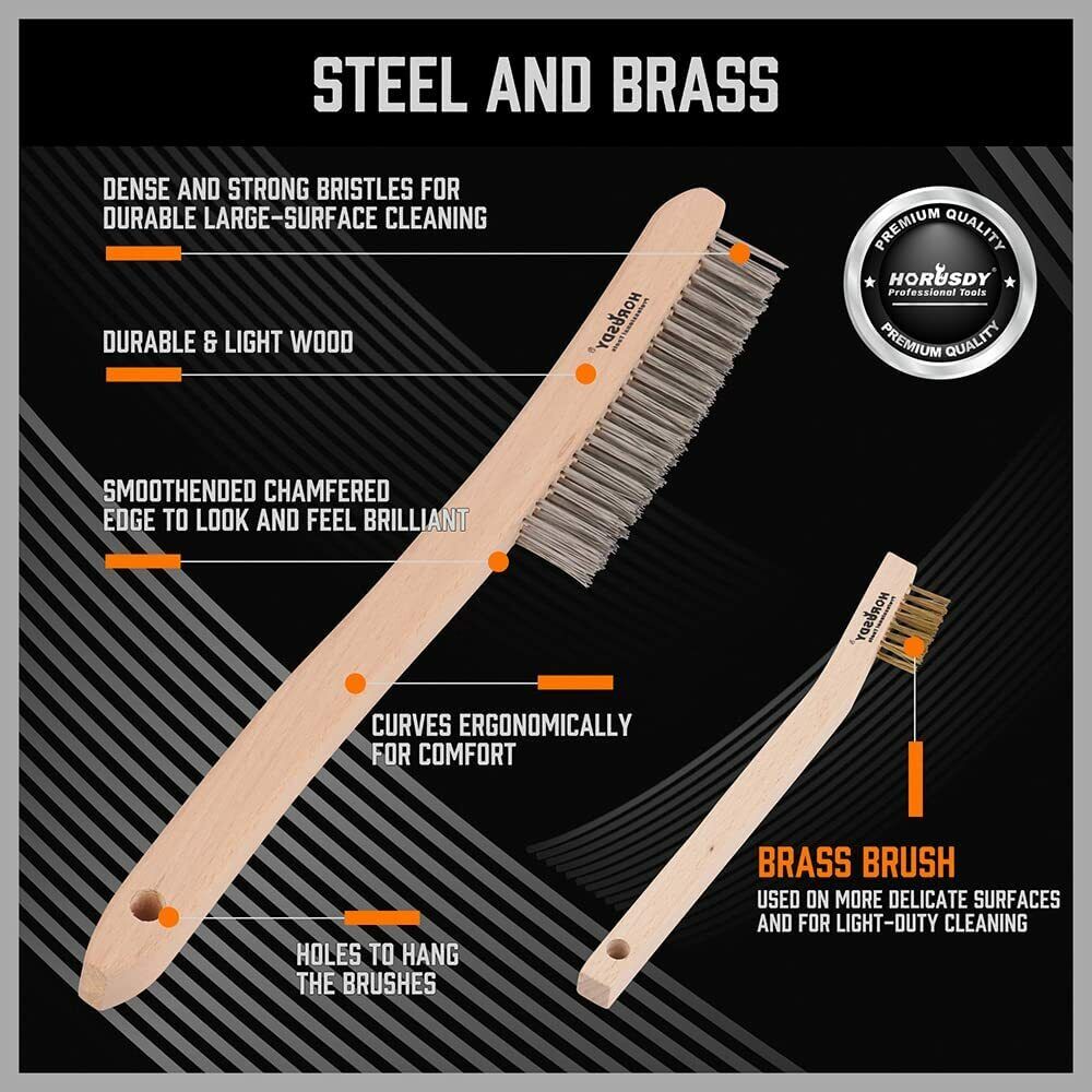 Set of 4 wire brushes with different sizes and materials, including stainless steel and brass, designed for rust removal and cleaning metal surfaces without scratching