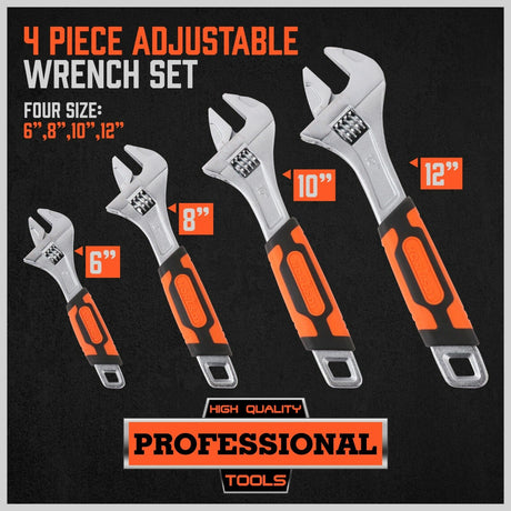 Set of Adjustable Wrenches in 6", 8", 10", 12" - Heavy Duty, Ergonomic DURAGRIP Handle, Chrome Vanadium Construction