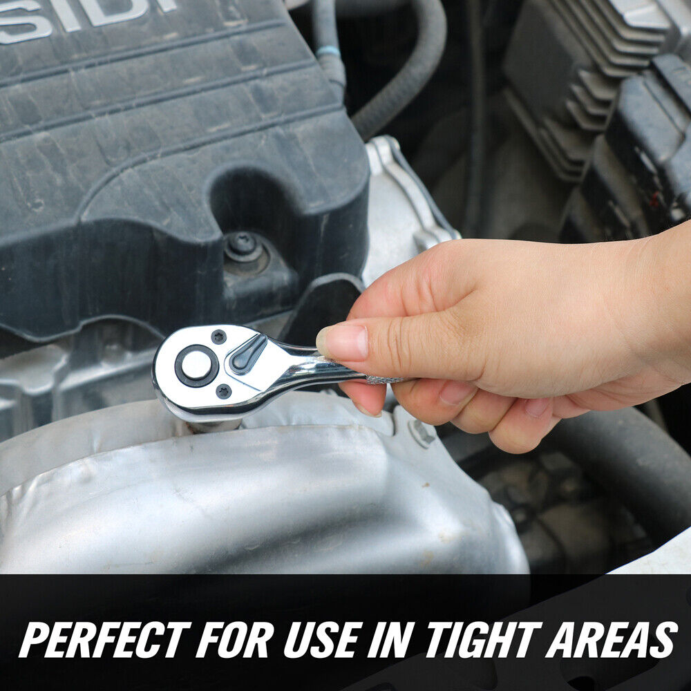 HORUSDY 3-Piece Stubby Socket Ratchet Wrench Set featuring 72-Tooth Mechanism and Durable CRV Construction, Sizes 1/2", 3/8", 1/4" with Storage Pouch