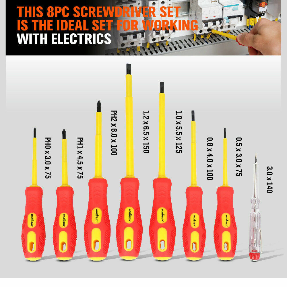 Professional 8-Piece Insulated Screwdriver Set with Magnetic Tips - Includes Slotted, Phillips, and Power Tester in a Case