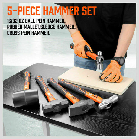 Comprehensive 5-Piece Hammer Set with TPR Grip Handles - Features Ball Pein, Rubber Mallet, Sledge, and Cross Pein Hammers
