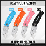 Set of four folding utility knives in Black, Blue, Orange, and Pink colors, featuring quick-change mechanism and back-lock mechanism, ideal for DIY projects, cutting cardboard, carpet, and more. The set includes 10 extra SK5 material blades and a convenient storage carry bag