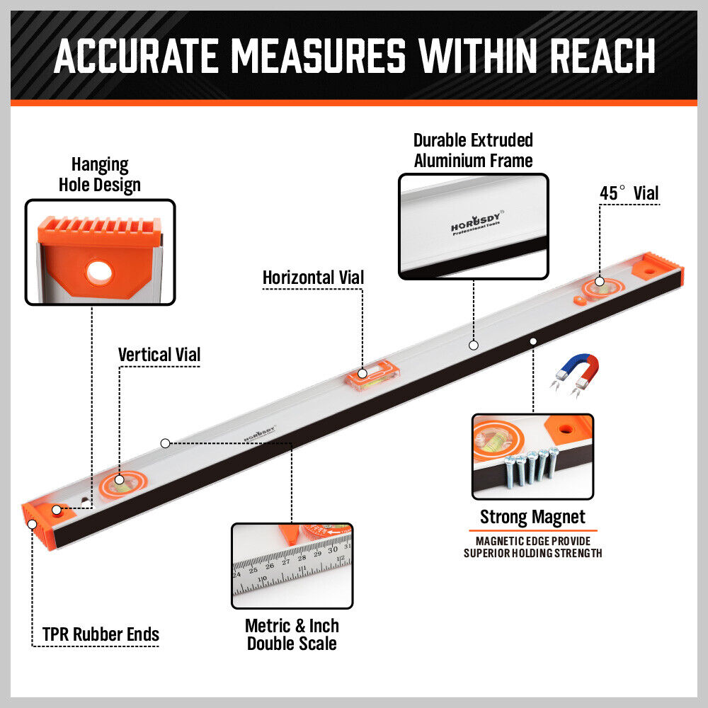 HORUSDY 80CM Torpedo Spirit Level, Durable ABS+Acrylic, Magnetic Strip, Red, with Plumb/Level/45-Degree Bubbles for Precision Measurement