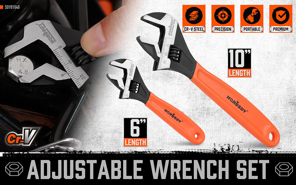 HORUSDY Adjustable Wrench Set with 6 and 10 Inch Spanners, Chrome Vanadium Steel, Black Oxide Finish, Precision Jaw Adjustment, and Comfort Grip