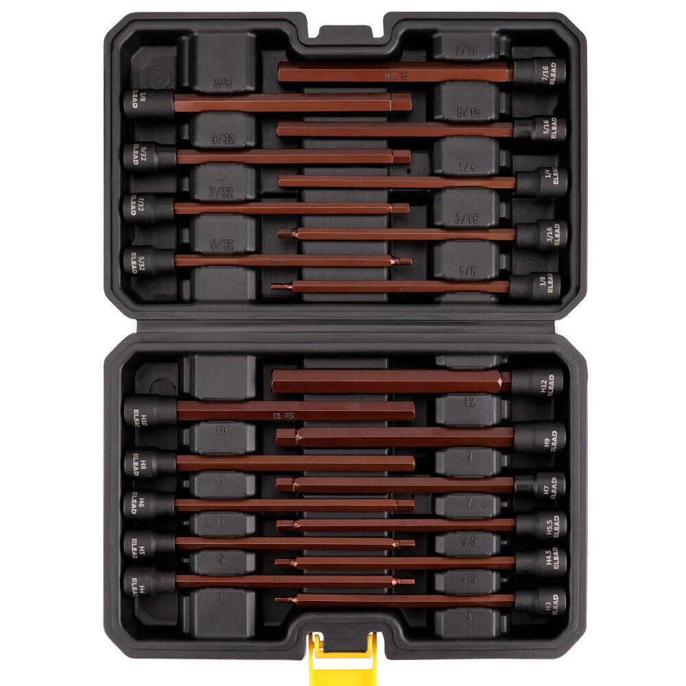 ELEAD 20Pcs Hex Bit Socket Set featuring Extra Long Design, SAE and Metric Sizes, Durable Chrome Vanadium Steel Construction, with Compact Carrying Case