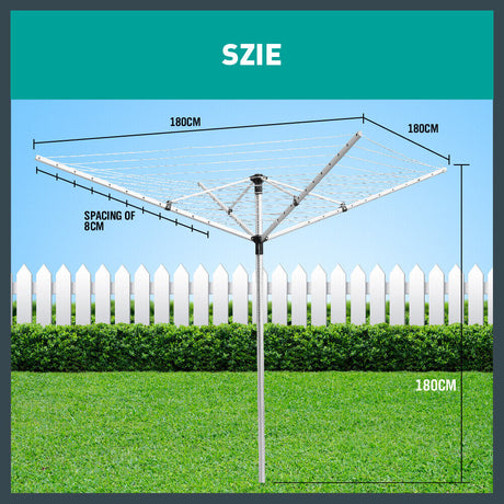 Outdoor rotary clothes airer dryer featuring a foldable umbrella design, ideal for drying clothes, cushions, and bedding. Includes a metal ground spike for easy installation