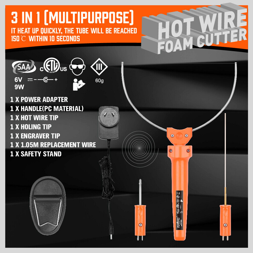 Comprehensive 3in1 Hot Wire Foam Cutter with interchangeable tips for cutting, engraving styrofoam, and polystyrene materials.