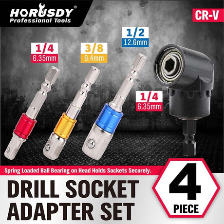 HORUSDY 3-Piece Drill Socket Adapter Set, Durable Chrome Vanadium Steel, 105-Degree Right-Angle Design, Universal Fit for Various Tools, Ideal for Mechanics and DIY Projects