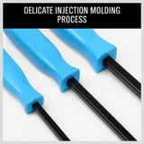 Four-Piece Steel Pry Bar Set, featuring heavy-duty drop-forged steel construction. The set includes pry bars in sizes 17 inches, 11 inches, 8 inches, and 7 inches. Each pry bar has a black oxide finish and a robust PVC square handle, making them ideal for mechanics and panel beaters for various prying and nail-pulling tasks