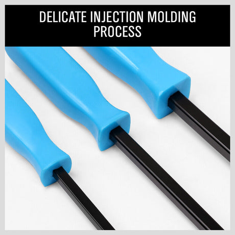 Four-Piece Steel Pry Bar Set, featuring heavy-duty drop-forged steel construction. The set includes pry bars in sizes 17 inches, 11 inches, 8 inches, and 7 inches. Each pry bar has a black oxide finish and a robust PVC square handle, making them ideal for mechanics and panel beaters for various prying and nail-pulling tasks