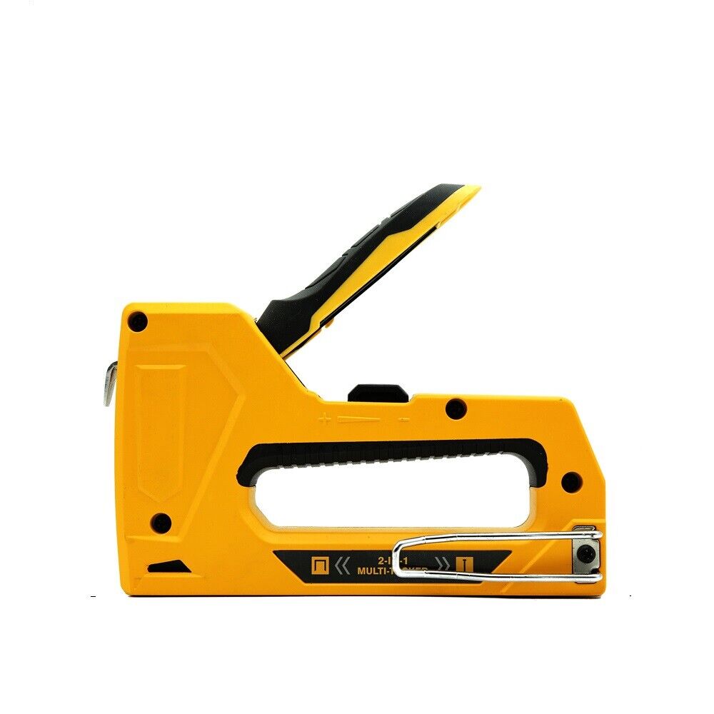 Durable carbon steel manual staple and brad nail gun with a yellow coating and easy-to-reload mechanism.