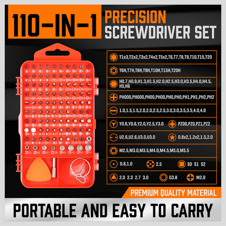Comprehensive 110-in-1 Precision Screwdriver Kit with Magnetic Handle, Various Bits, and Repair Tools