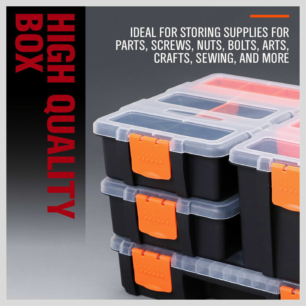 Versatile 4-piece tool box organizer set with removable trays, crafted from durable, high-impact polystyrene, ideal for neatly storing screws, nuts, bolts, arts and crafts materials.