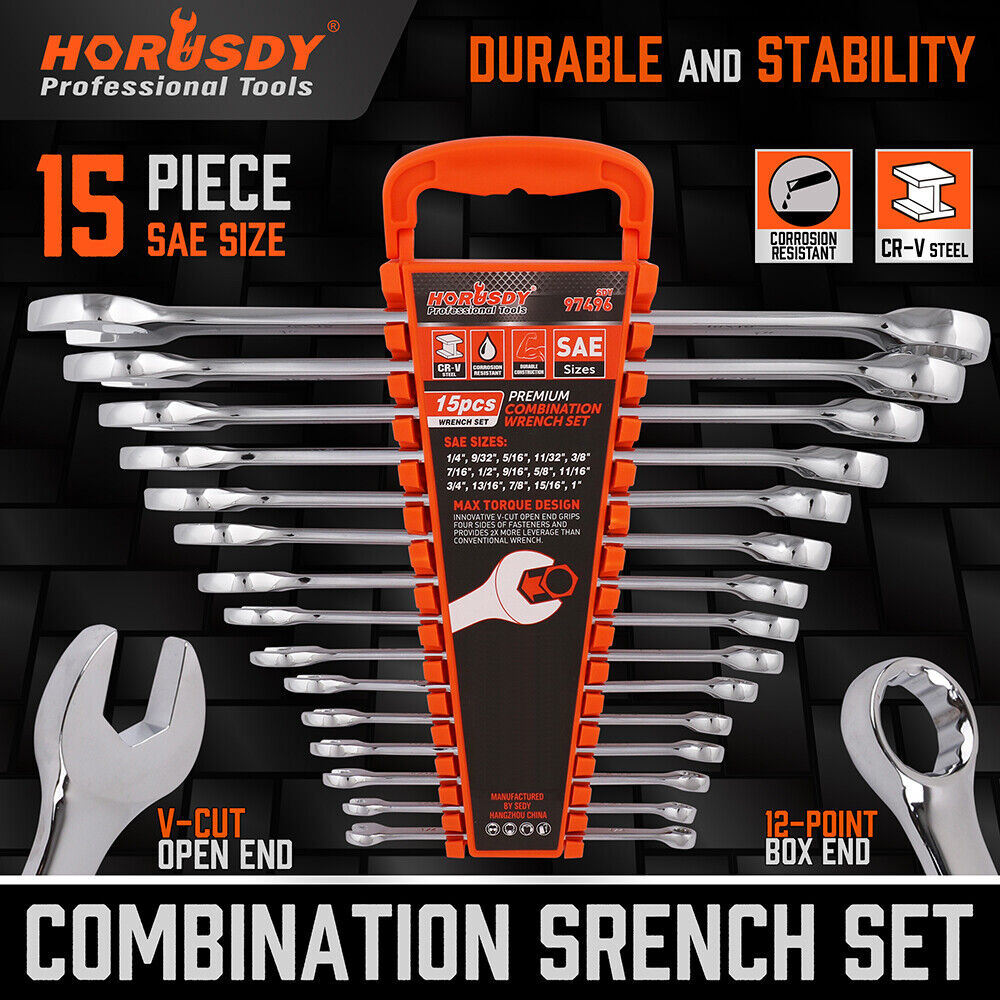 HORUSDY 15-Piece Imperial Spanner Set, SAE Ring/Open End Wrench, Chrome Vanadium Steel, Nickel Chrome Plated with Mirror Polish Finish