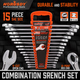 HORUSDY 15-Piece Imperial Spanner Set, SAE Ring/Open End Wrench, Chrome Vanadium Steel, Nickel Chrome Plated with Mirror Polish Finish
