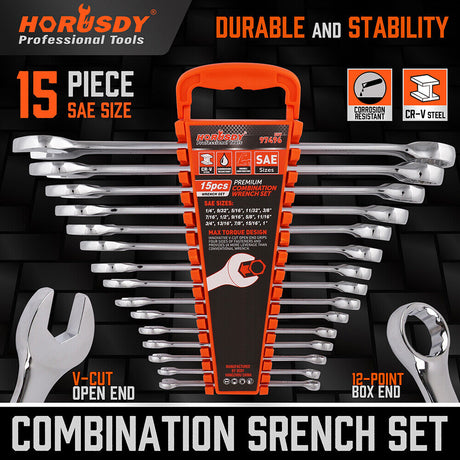 HORUSDY 15-Piece Imperial Spanner Set, SAE Ring/Open End Wrench, Chrome Vanadium Steel, Nickel Chrome Plated with Mirror Polish Finish