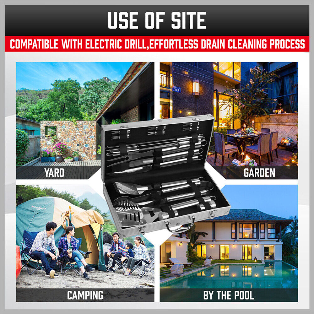 Complete 18-piece BBQ tool set crafted from durable stainless steel, including spatula, tongs, skewers, and more, housed in a sleek aluminum case