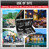 Complete 18-piece BBQ tool set crafted from durable stainless steel, including spatula, tongs, skewers, and more, housed in a sleek aluminum case