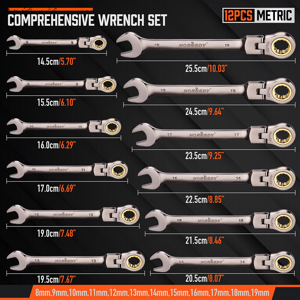 HORUSDY 12-Piece Metric Flexible Head Ratchet Spanner Set, 8-19MM, Chrome Vanadium Steel, Nickel-Chromium Finish