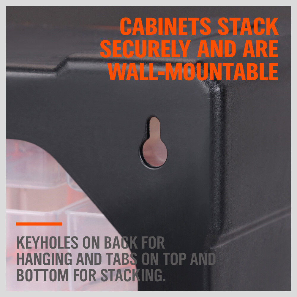 60-drawer organizer set enables wall, stack or floor installation with durable, transparent build for functionally arranging huge volumes of tools, industrial parts and job site supplies.