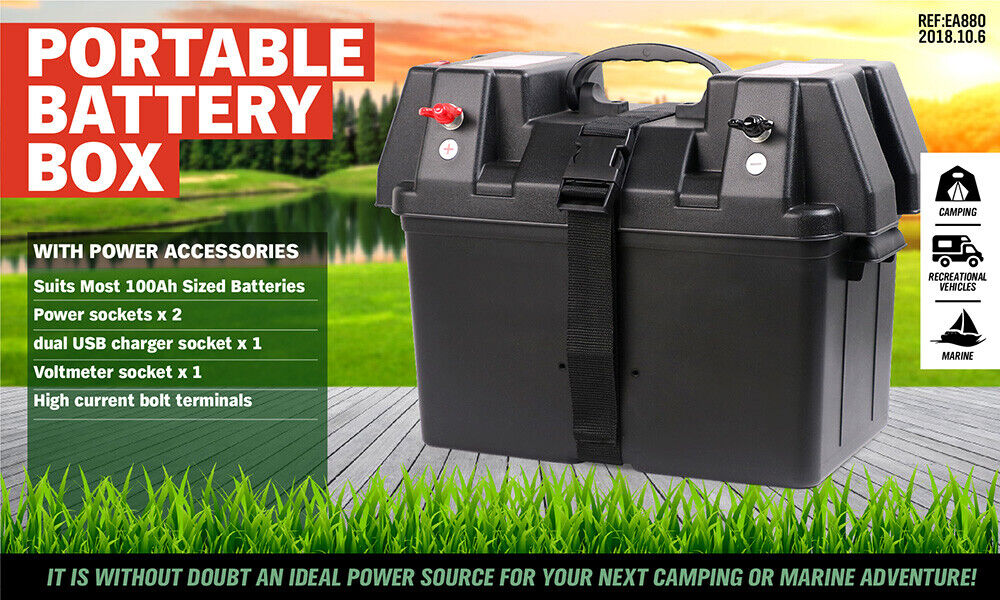 Sturdy 12V Deep Cycle Battery Box with USB Ports and Voltmeter for Outdoor Power Needs