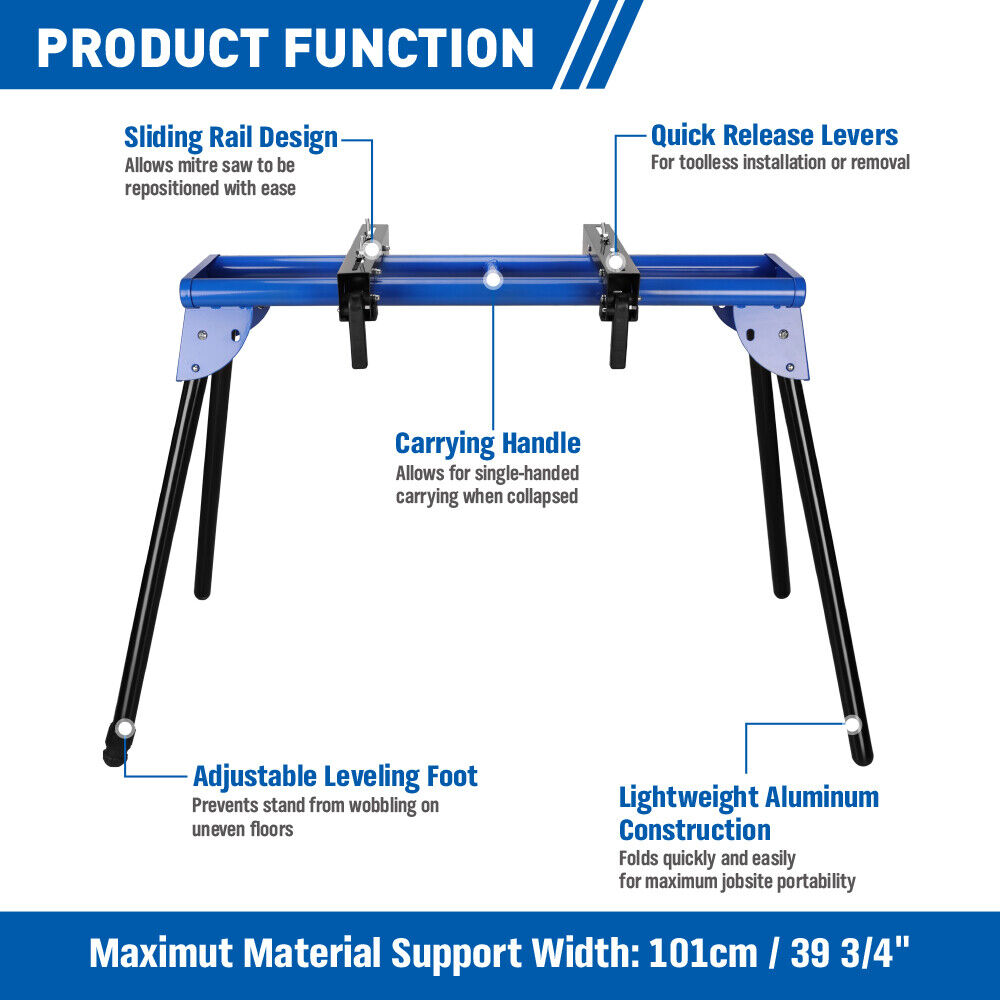 51" blue miter saw stand with durable one-piece mounting brackets and a sliding rail design, supporting up to 300lbs, easy to fold and transport.