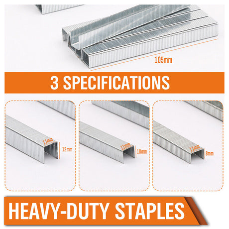 Pack of 2000 heavy-duty door-shaped staples for staple guns, in sizes 8mm, 10mm, and 12mm, suitable for stapler refills