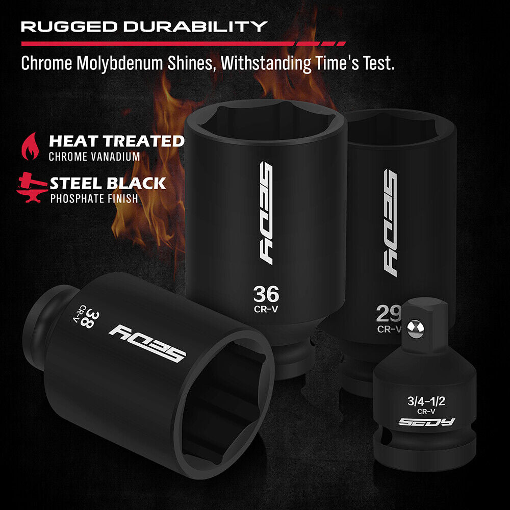 SEDY 11Pcs Metric Deep Impact Socket Set with Adapter for High-Torque Wheel Axle Nut Wrench Tasks