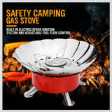 Compact and windproof outdoor gas burner, ideal for camping and outdoor cooking. Folding design for easy portability, with a sturdy and stable build