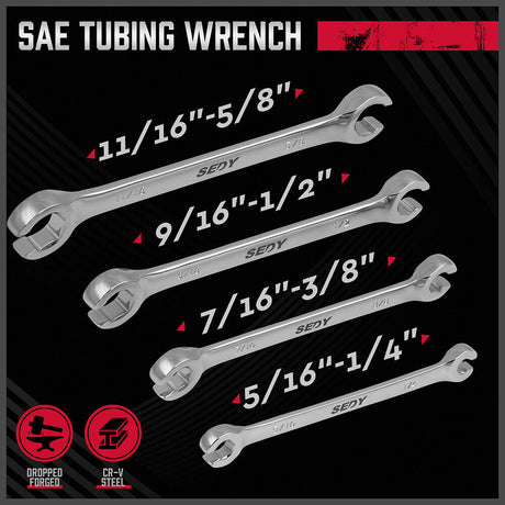 SEDY 4-Piece Flare Nut Wrench Set in SAE Sizes, Featuring 15° Offset Heads and Durable Chrome Vanadium Construction with a Convenient Organizer Pouch