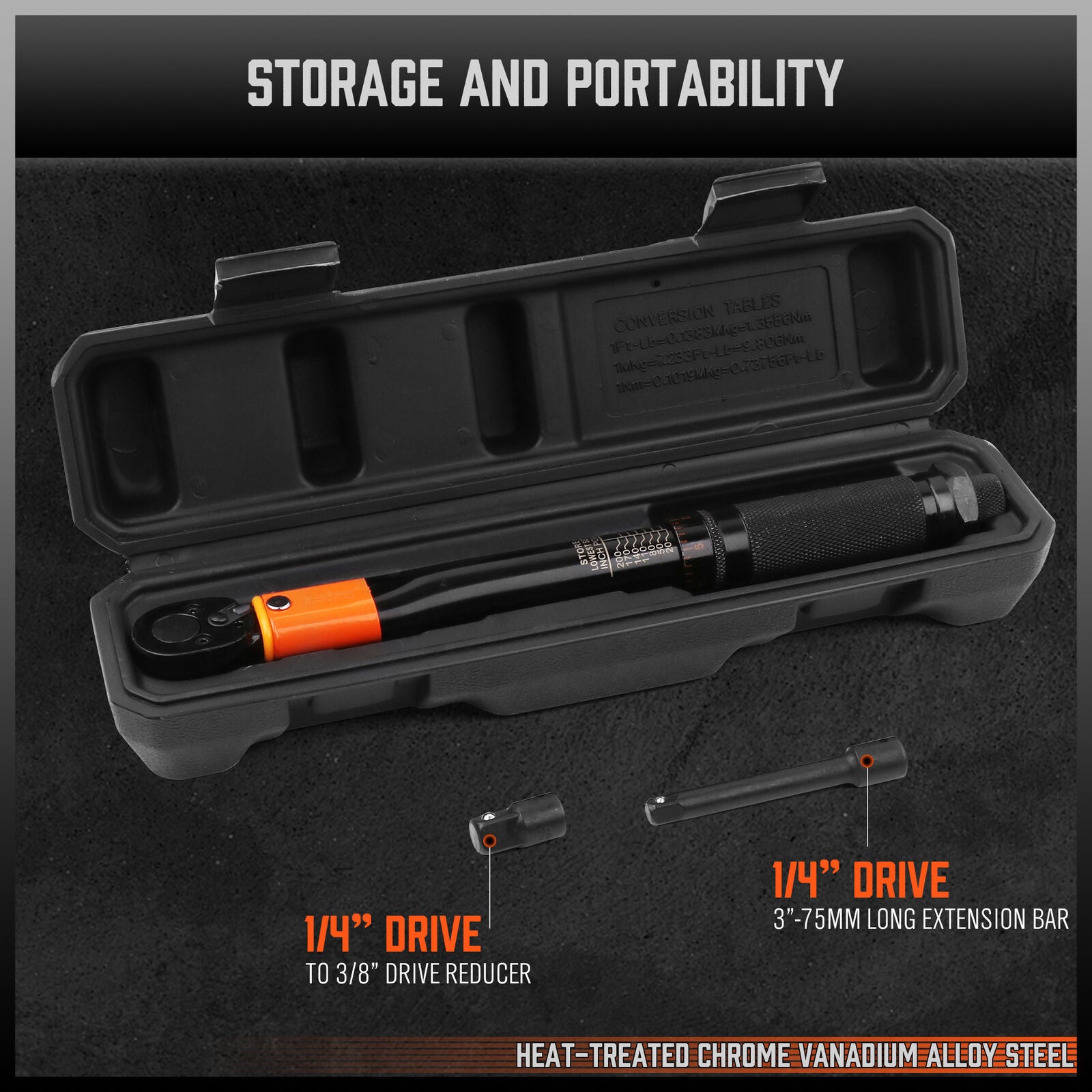 HORUSDY 3-Piece 1/4-Inch Drive Click Torque Wrench Set with 3/8" Adaptor and 75mm Extension Bar, Chrome Vanadium Construction, High-Accuracy Calibration