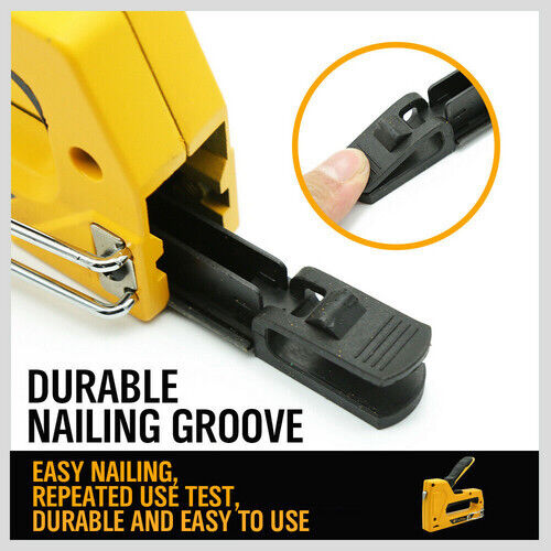 Durable carbon steel manual staple and brad nail gun with a yellow coating and easy-to-reload mechanism.