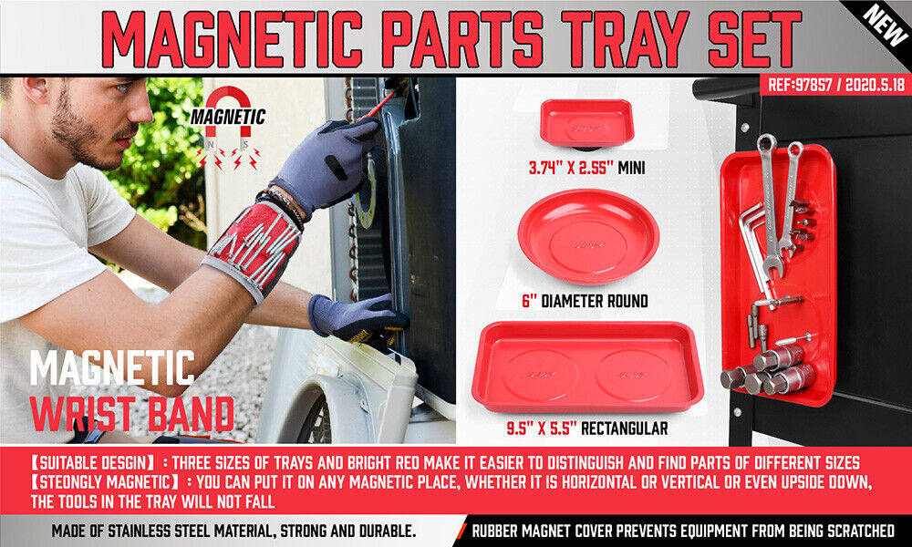 Four-piece Magnetic Parts Holder Set featuring a wristband and three trays in different sizes and shapes. Includes one mini rectangular tray, one large round bowl, and one large rectangular tray, all made of solid stainless steel with strong magnets for secure tool holding