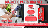 Four-piece Magnetic Parts Holder Set featuring a wristband and three trays in different sizes and shapes. Includes one mini rectangular tray, one large round bowl, and one large rectangular tray, all made of solid stainless steel with strong magnets for secure tool holding
