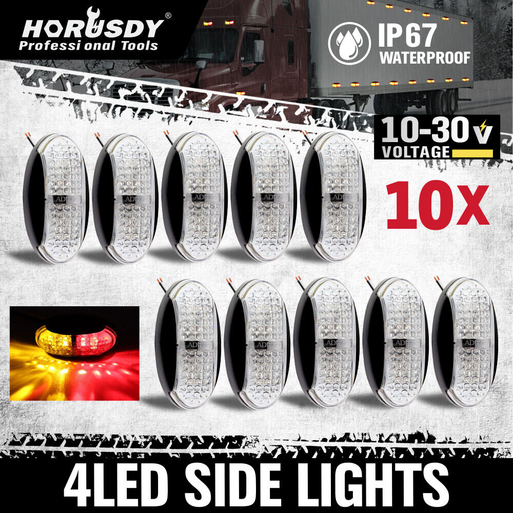 Set of 10 LED Clearance Side Marker Lights featuring ultra-bright red and yellow LED lamp beads, ideal for trucks, trailers, and caravans. Made of durable ABS and PC, shock and water-resistant, with low power consumption and easy installation.