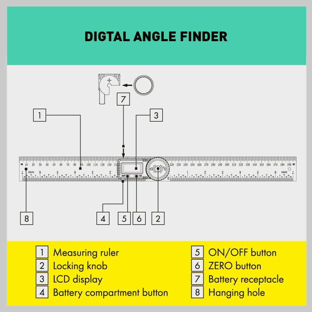 Stainless steel 200mm digital angle finder with LCD display showing 0-360 degrees measurement range