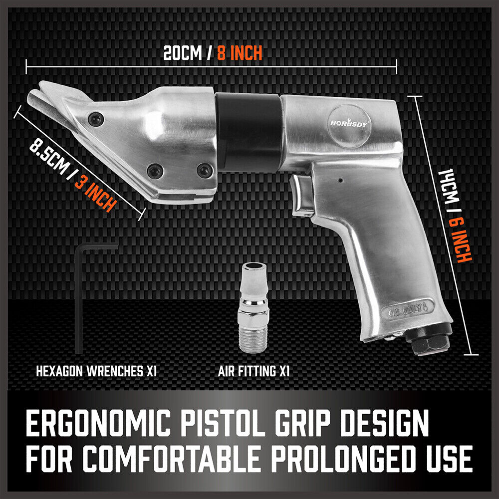 HORUSDY Professional Air Metal Shears for Cutting Steel and Aluminium Sheets, featuring a 90° Cutting Angle, 2500 rpm Speed, and Ergonomic Design