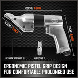 HORUSDY Professional Air Metal Shears for Cutting Steel and Aluminium Sheets, featuring a 90° Cutting Angle, 2500 rpm Speed, and Ergonomic Design