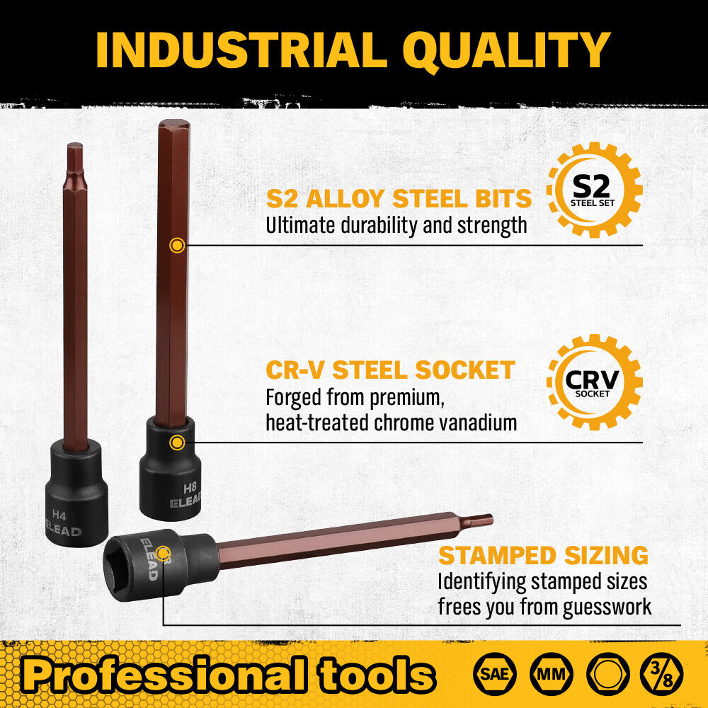 Comprehensive ELEAD 20-Piece Extra Long Hex Bit Socket Set - Includes SAE and Metric Sizes, Forged S2 Alloy Steel Bits, Chrome Vanadium Steel Sockets