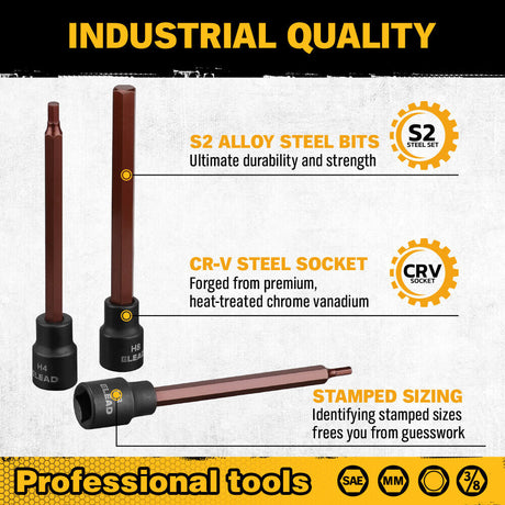 Comprehensive ELEAD 20-Piece Extra Long Hex Bit Socket Set - Includes SAE and Metric Sizes, Forged S2 Alloy Steel Bits, Chrome Vanadium Steel Sockets
