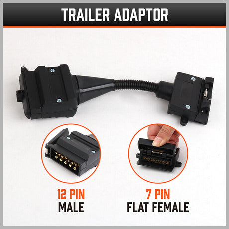Durable 7 Pin Flat to 12 Pin Flat Trailer Adaptor - Waterproof ABS Caravan Connector in Black