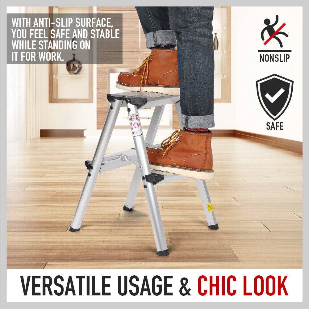 Portable 2-Step Folding Ladder - Lightweight Aluminum Frame, Anti-Slip Safety, 150kg Capacity - Ideal for Home and Work