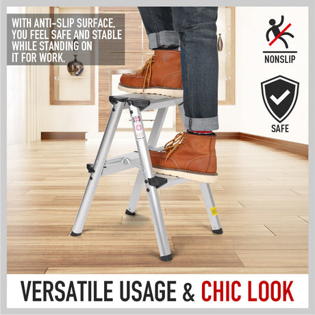 Portable 2-Step Folding Ladder - Lightweight Aluminum Frame, Anti-Slip Safety, 150kg Capacity - Ideal for Home and Work