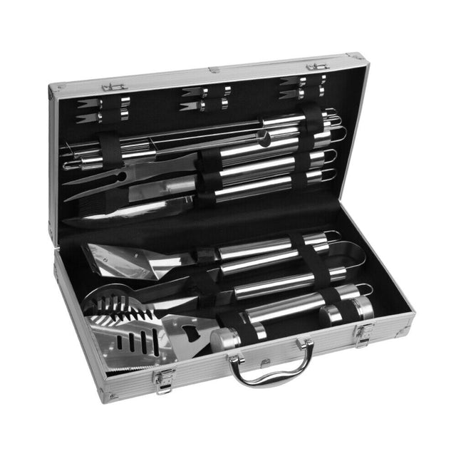 Complete 18-piece BBQ tool set crafted from durable stainless steel, including spatula, tongs, skewers, and more, housed in a sleek aluminum case
